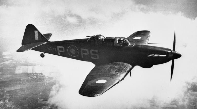 Boulton Paul Defiant Mark I night fighter, N3313 PS-P, of No. 264 Squadron RAF based at West Malling, Kent, in flight