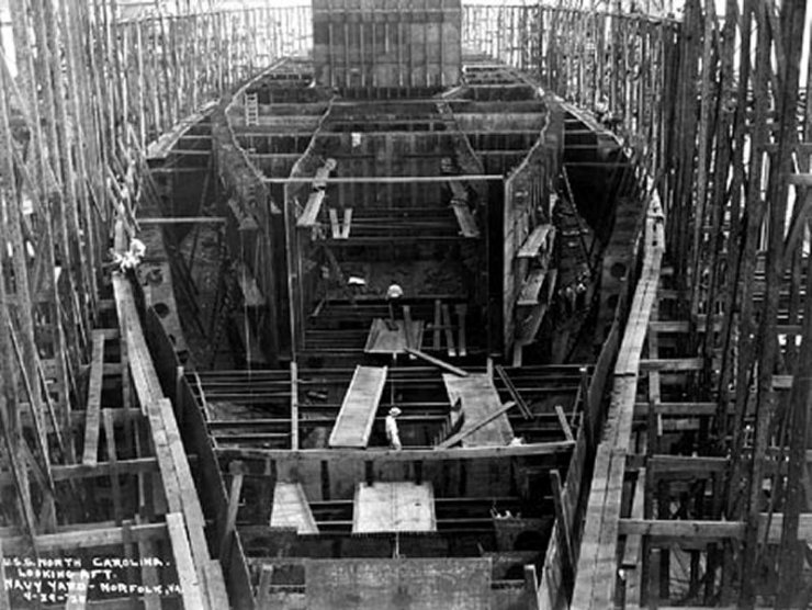 USS North Carolina BB-52 On the building ways at Norfolk Navy Yard, VA. View from the bow looking aft, 24 April 1920