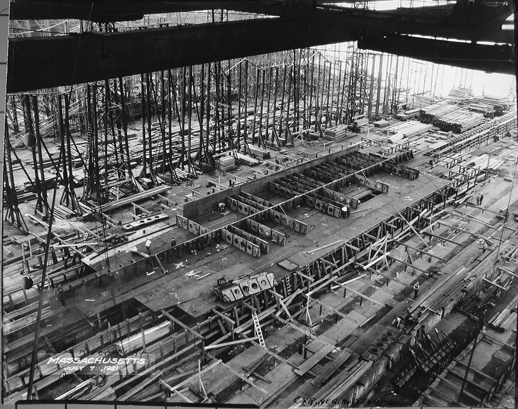 The keel section of the Massachusetts being laid at Bethlehem Shipbuilding Corp., Quincy, Mass. Fore River Plant on 7 July 1921