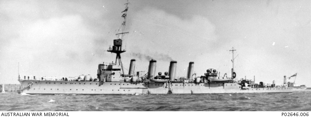 HMAS Adelaide (I) Portsmouth, England. 29 September 1924. two 6 inch guns alongside each other on the foredeck, part of her original configuration
