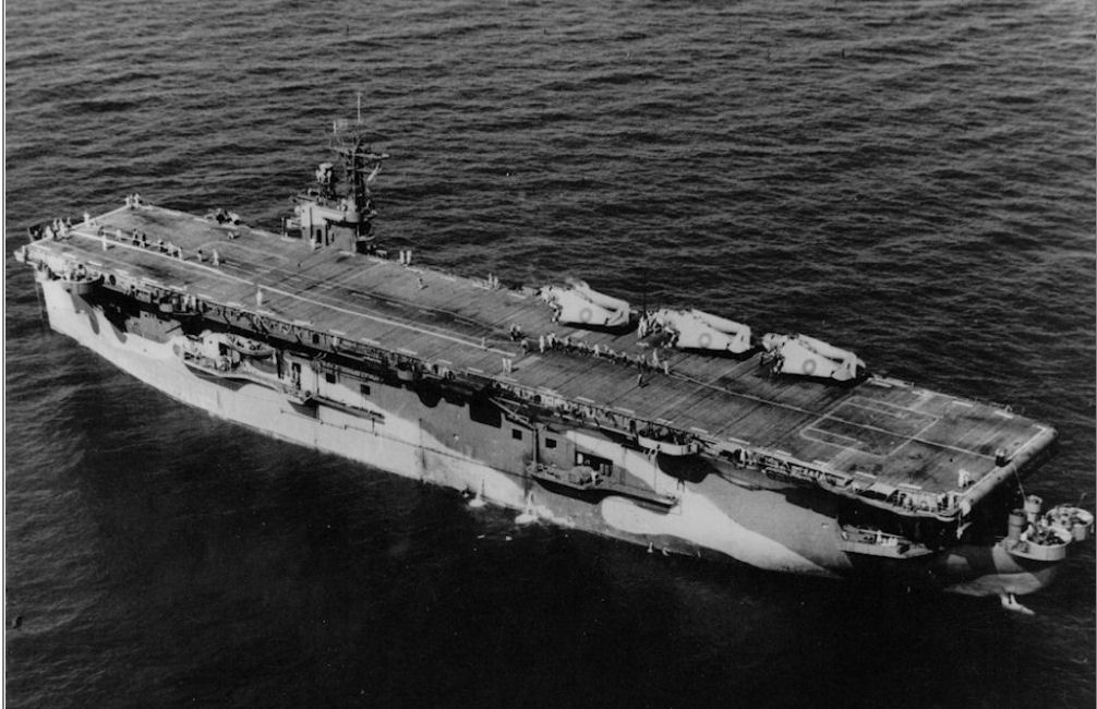 HMS Chaser in Chesapeake Bay with Tarpons (Avengers) of 845squadron ranged on deck during the ship's work up with the new squadron in June1943