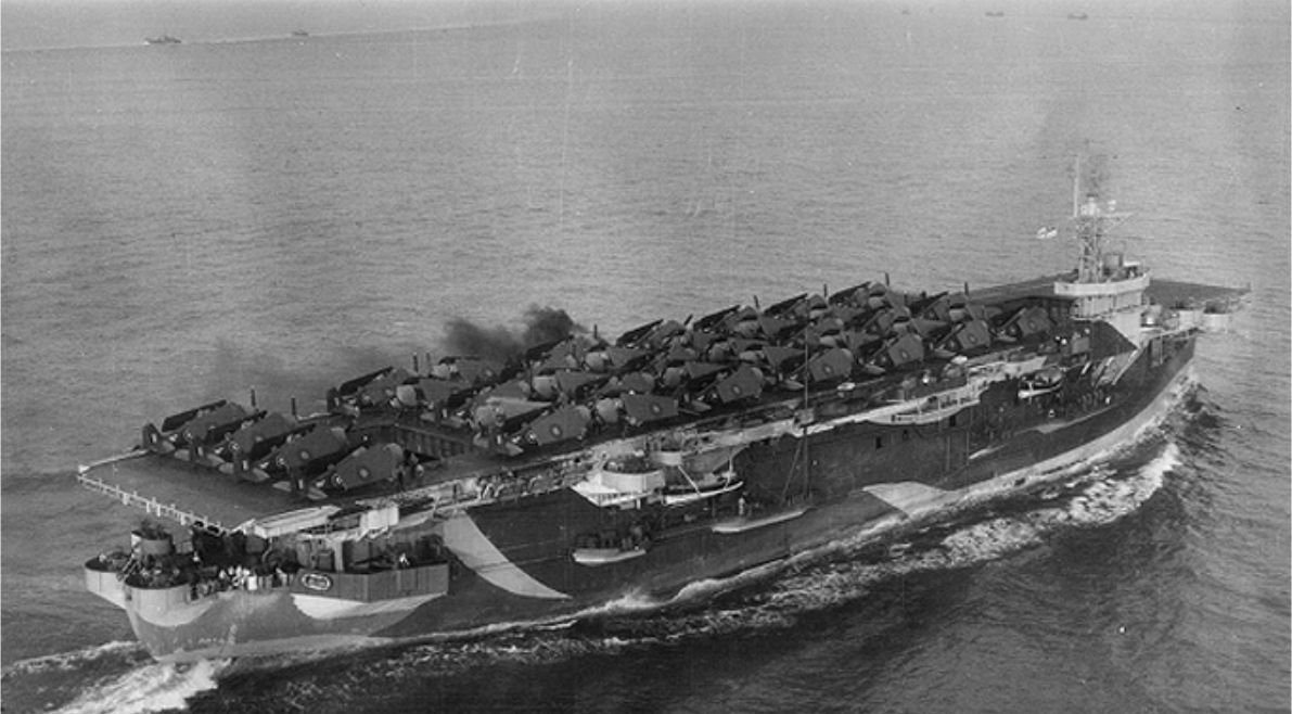 HMS Thane leaving Chesapeake Bay heading for New York, October 5th 1944 with a ferry load of Grumman Hellcats