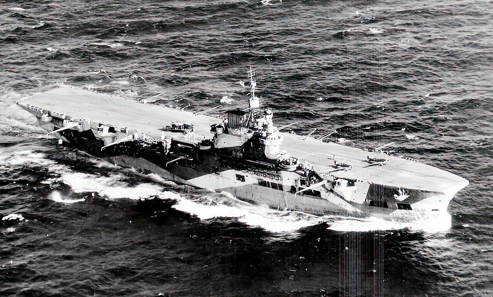 HMS Unicorn at sea with Seafires and Swordfish embarked for flying training.