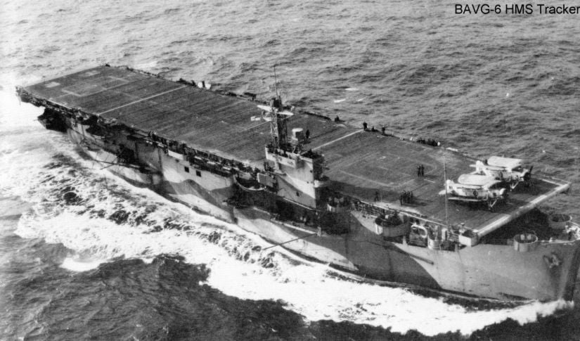 Overhead photo of HMS Tracker showing the location and look of the anti-aircraft gun mounts. Swordfish on deck belong to 816 Squadron. 1943