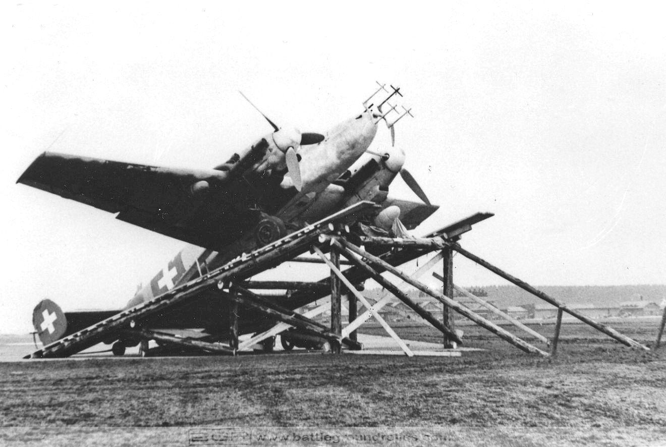 Bf110 G-4 captured by the Swiss military, positioned on a ramp to test its FuG-220 Lichtenstein radar system