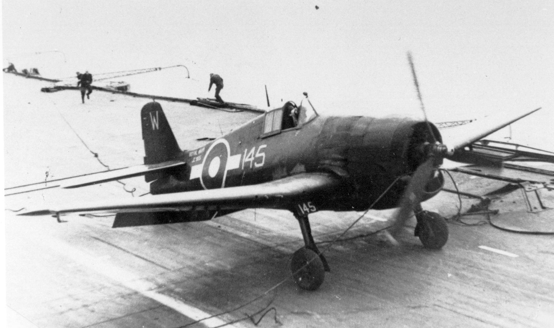 A Grumman Hellcat Mk.II JZ935 of 1839 Sqn on HMS Indomitable 5 April 1945