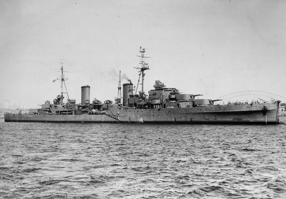 HMAS Hobart after repairs to torpedo damage suffered in 1943, on the 20 December 1944