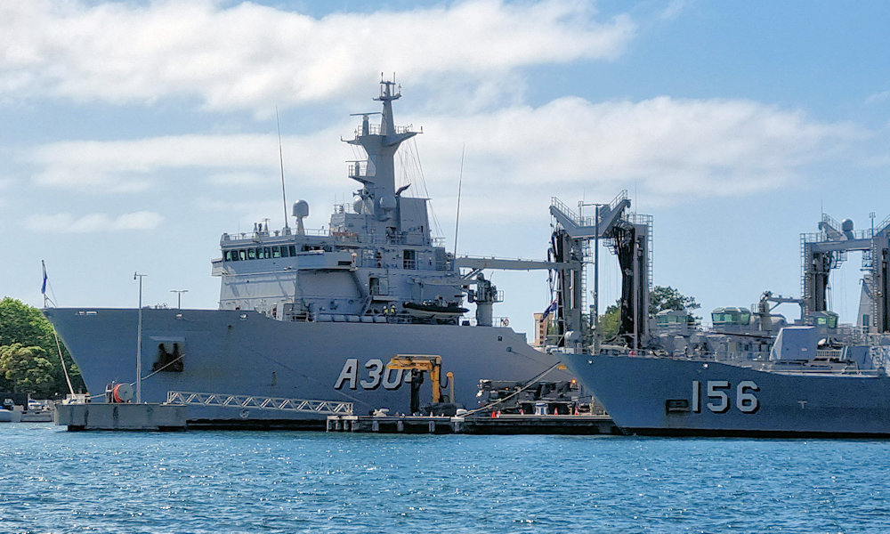 HMAS Stalwart (A304) 23 October 2025 in Sydney with HMAS Toowoomba FFH 156 in front