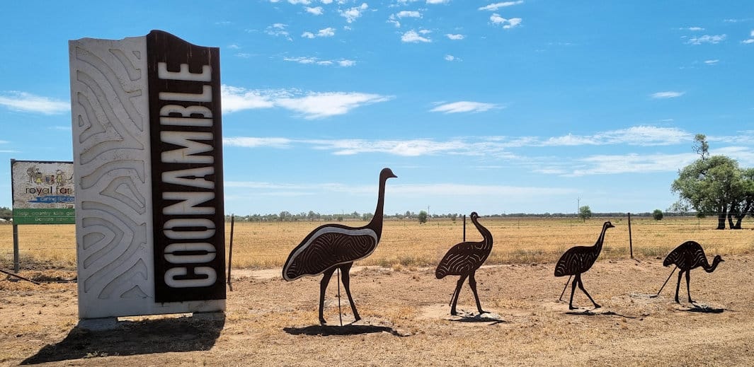 Coonamble town sign with emus