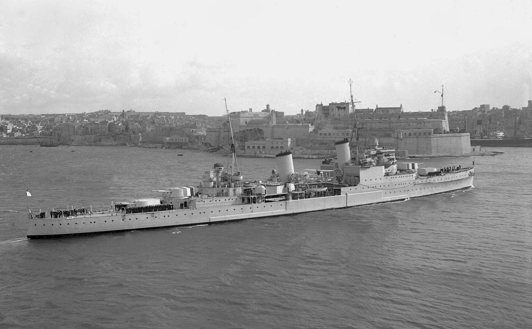 HMS Gloucester enters Malta during the late 1930s