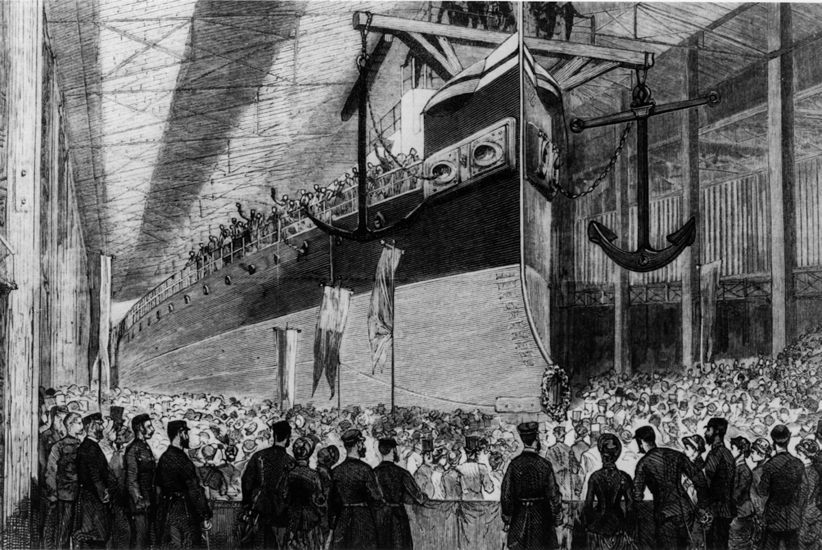 Depiction of the launch of HMS Agamemnon from the Illustrated London News.