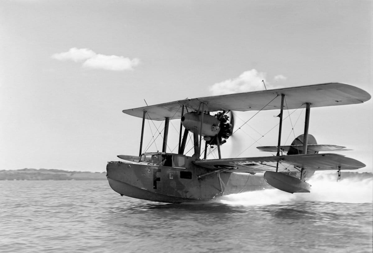 Supermarine Walrus Mk I of the RNZAF's Seaplane Training Flight landing at RNZAF Station Hobsonville. 1943